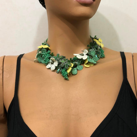 Sage Green, Yellow and White Bouquet Necklace with Green Grapes- Crochet OYA Lace Necklace