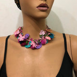 Multicolor Rose Bouquet Necklace with Pink Strawberries - Crochet OYA Lace Necklace