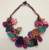 Multicolor Rose Bouquet Necklace with Pink Strawberries - Crochet OYA Lace Necklace