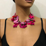 Hot Pink and Red Bouquet Necklace with Hot Pink Cherries- Crochet OYA Lace Necklace