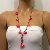 Neon Pink Crochet oya TULIP lace necklace with pink stones
