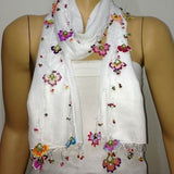 Crocheted SNOW WHITE scarf with handmade multi color oya flowers - White Scarf - Beaded Scarf - Crochet Beaded Scarf