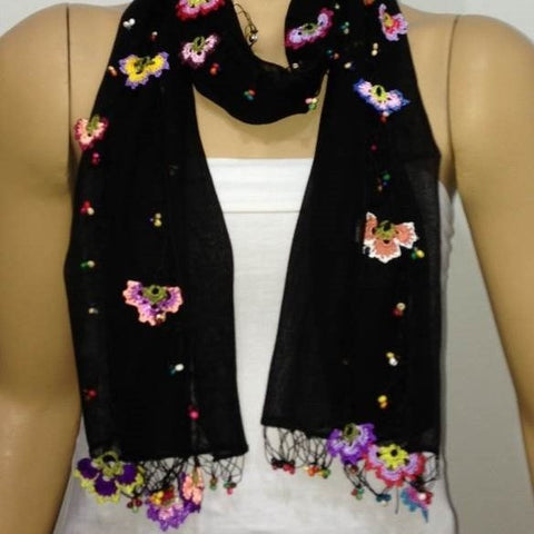 Crocheted BLACK scarf with handmade multi color oya flowers - Black Scarf - Beaded Scarf - Crochet Beaded Scarf