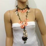 Salmon Orange,Brown,Beige Crochet Necklace - Beaded lariat - Crochet oya lace Necklace