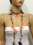 Salmon Orange,Brown,Beige Crochet Necklace - Beaded lariat - Crochet oya lace Necklace