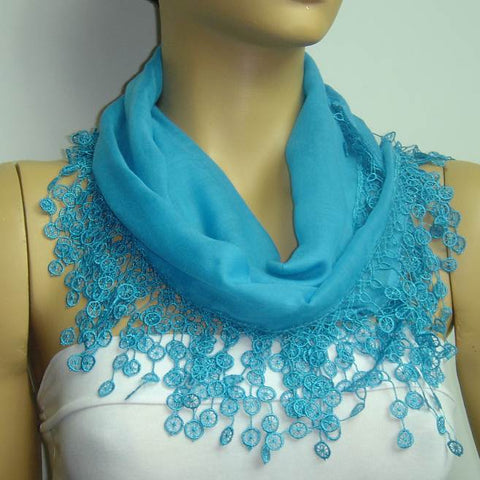 Bright Blue fringed edge scarf - Scarf with Lace Fringe