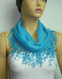 Bright Blue fringed edge scarf - Scarf with Lace Fringe