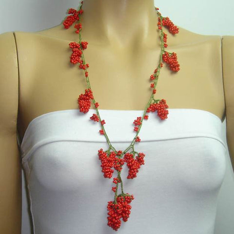 Coral Red Grape Tied Crocheted necklace - Coral Red Grape necklace