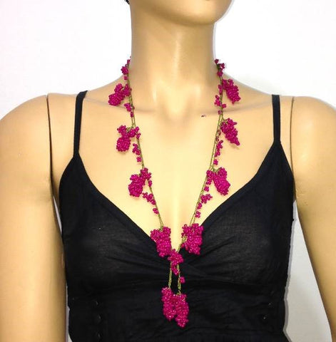 Hot Pink Grape Tied Crocheted necklace