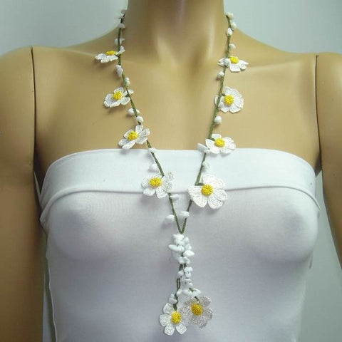 White Daisy Tied Necklace with White Stones