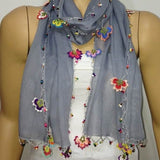 Cotton Scarf - Crocheted Light GREY scarf with handmade multi color oya flowers - GRAY Scarf - Beaded Scarf