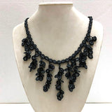 Black with Charcoal Beads - Cappadocia Choker Necklace with Dangling Crocheted Bead Flower Oya