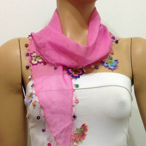 Pink Cotton Scarf with Crocheted flowers and multicolor beads