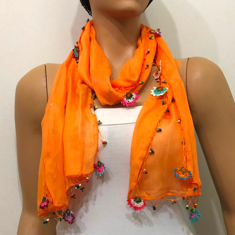 Crocheted Orange scarf with handmade multi color oya flowers - Orange Scarf - Beaded Scarf
