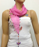 Pink Cotton Scarf with Crocheted flowers and multicolor beads