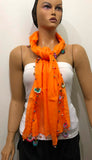 Crocheted Orange scarf with handmade multi color oya flowers - Orange Scarf - Beaded Scarf