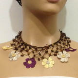 Yellow, Beige and Plum Purple Choker Necklace with Crocheted Flower and semi precious Tiger Eye Stones