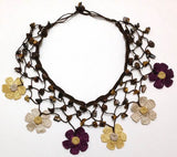 Yellow, Beige and Plum Purple Choker Necklace with Crocheted Flower and semi precious Tiger Eye Stones