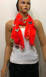 Crocheted Pomegranate Bright Pink Scarf with handmade multi color oya flowers - Bright Pomegranate Pink Scarf - Beaded Scarf