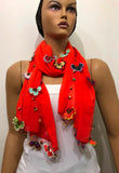 Crocheted Pomegranate Bright Pink Scarf with handmade multi color oya flowers - Bright Pomegranate Pink Scarf - Beaded Scarf