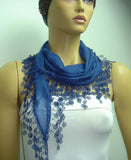 Indigo Blue fringed edge scarf - Scarf with Lace Fringe