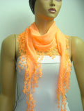 Neon Orange fringed edge scarf - Scarf with Lace Fringe