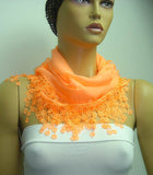 Neon Orange fringed edge scarf - Scarf with Lace Fringe