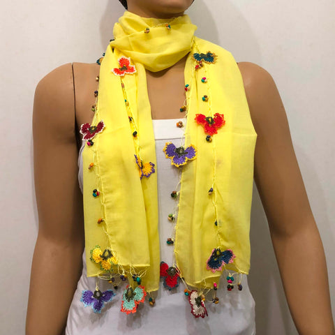 Crocheted Canary Yellow Scarf with handmade multi color oya flowers - Beaded Scarf