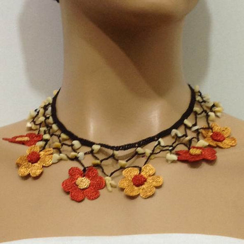 Burnt Orange and Yellow Choker Necklace with Crocheted Flower and semi precious Citrin Stones