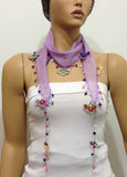 Lilac Cotton Scarf with Crocheted flowers and multicolor beads