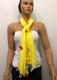 Crocheted Canary Yellow Scarf with handmade multi color oya flowers - Beaded Scarf