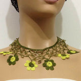 Lime Green and Yellow Choker Necklace with Crocheted Flower and semi precious green Stones