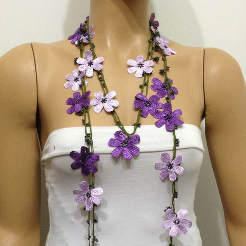 Purple and Lilac Crochet Necklace - Beaded lariat - Crochet oya lace Necklace