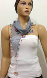 Light Gray Cotton Scarf with Crocheted flowers and multicolor beads