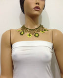 Lime Green and Yellow Choker Necklace with Crocheted Flower and semi precious green Stones