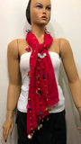 Crocheted BRIGHT Sour Cherry color scarf with handmade multi color oya flowers - Burgundy scarf - Beaded Scarf - Crochet Beaded Scarf