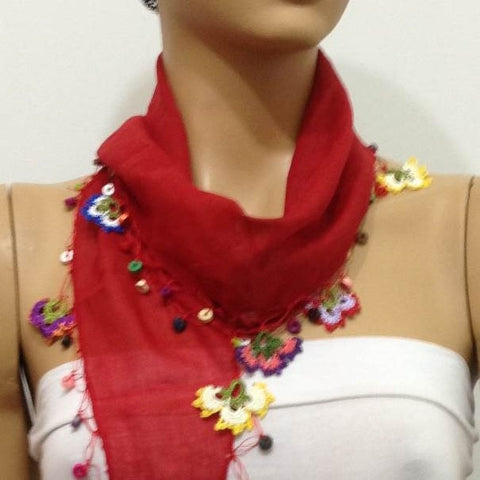 RED Cotton Scarf with Crocheted flowers and multicolor beads