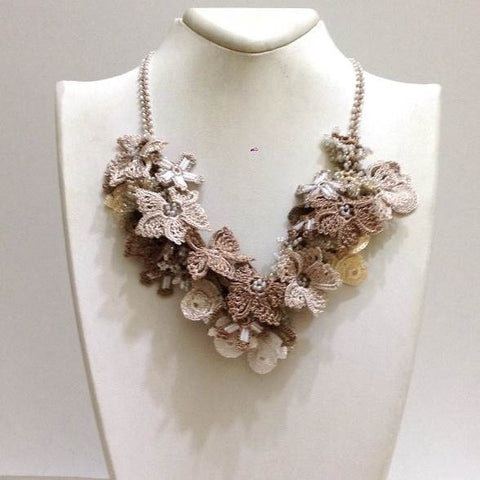 Beige and Brown Bouquet Necklace - Crochet OYA Lace Necklace