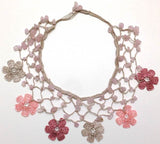 Blush Pink and Grey Choker Necklace with Crocheted Flower and semi precious Pink Quartz Stones