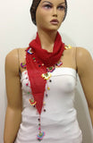 RED Cotton Scarf with Crocheted flowers and multicolor beads