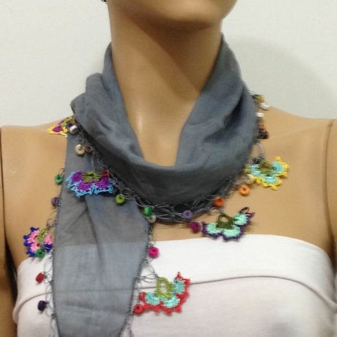 Gray Scarf with Flowers