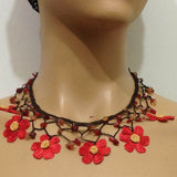 Red and Yellow Daisy Choker Necklace with Crocheted Flower and semi precious Agate Stones