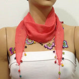 Pomegranate Pink Cotton Scarf with Crocheted flowers and multicolor beads