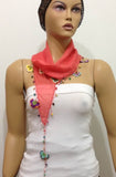 Pomegranate Pink Cotton Scarf with Crocheted flowers and multicolor beads