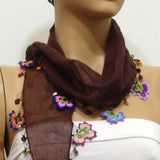Brown Cotton Scarf with Crocheted flowers and multicolor beads