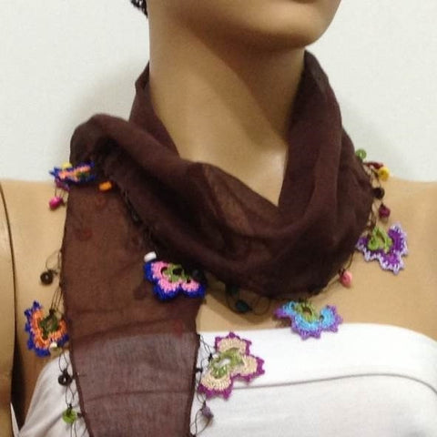 Brown Cotton Scarf with Crocheted flowers and multicolor beads
