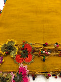 Yellow scarf with handmade multi color oya flowers - Mustard Yellow Beaded Scarf - Crochet Beaded Scarf