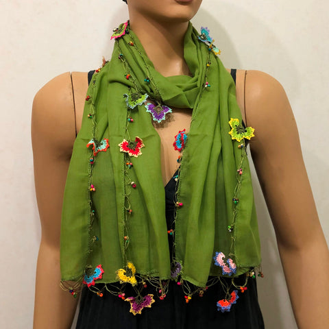 Crocheted Pistachio GREEN scarf with handmade multi color oya flowers - GREEN Scarf - Beaded Scarf - Crochet Beaded Scarf