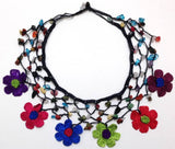 Multi-color Daisy Choker Necklace with Crocheted Flower and semi precious Mix Stones