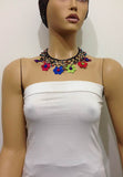 Multi-color Daisy Choker Necklace with Crocheted Flower and semi precious Mix Stones